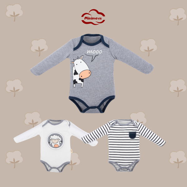 İnek Baskılı Erkek Bebek Üçlü Body