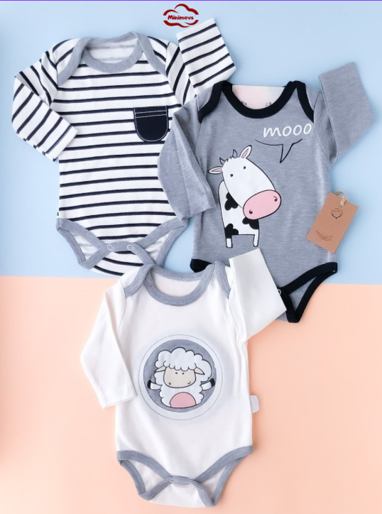İnek Baskılı Erkek Bebek Üçlü Body
