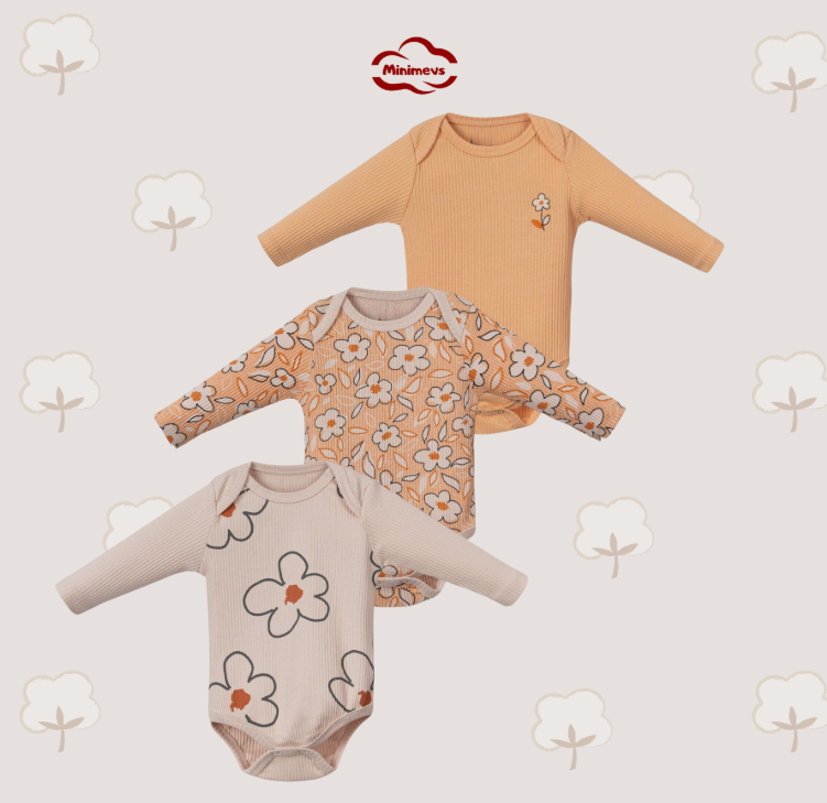 Eva Çiçek Baskılı Kız Bebek 3 lü Body