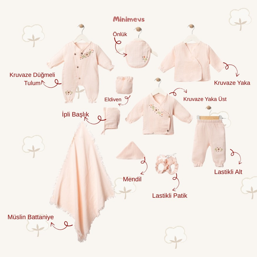 Müslin 10'lu Kız Bebek Hastane Çıkış Seti